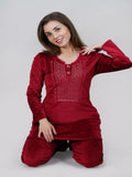 Embroidered Velvet Long Pyjama Set  For Women- Winter Wear