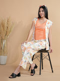 ORANGE TANK TOP WITH FLORAL PRINTED TROUSER AND AN OPEN FRONT SHRUG