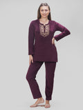 Embroidered Velvet Long Pyjama Set  For Women