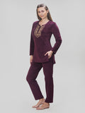 Embroidered Velvet Long Pyjama Set  For Women