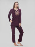 Embroidered Velvet Long Pyjama Set  For Women